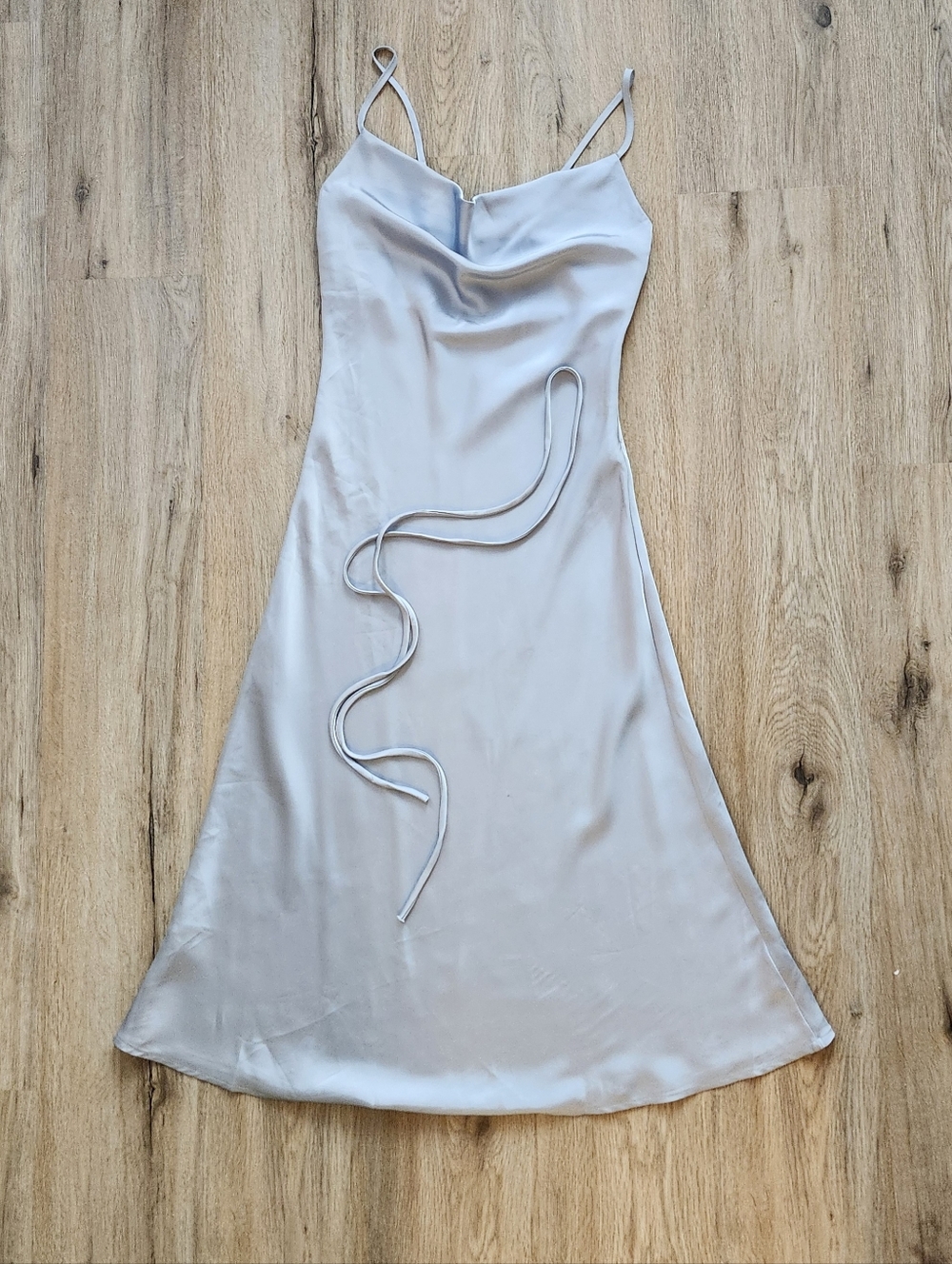 Satin Cowl Neck Midi Formal Dress With Tie, Light Blue, Size Small